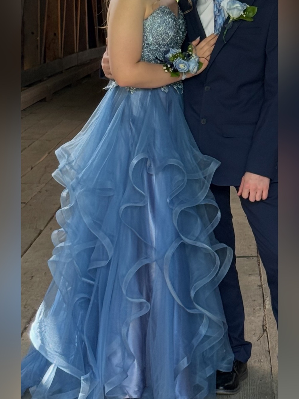 Dusty Blue Strapless Ruffled Tulle Prom Dress